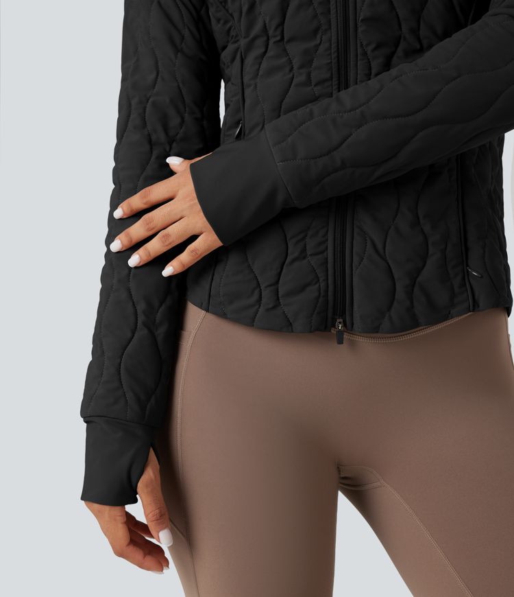 High-neck Thumb Holes Stretchy Workout Padded Jacket with Pockets-Packable Neck Pillow