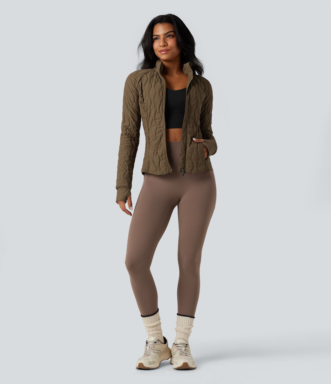 PuffFlex High-neck Thumb Holes Stretchy Workout Padded Jacket with Pockets-Packable Neck Pillow