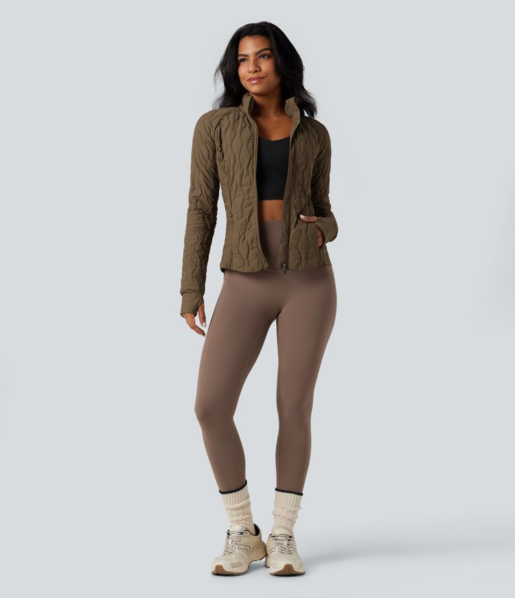 High-neck Thumb Holes Stretchy Workout Padded Jacket with Pockets-Packable Neck Pillow