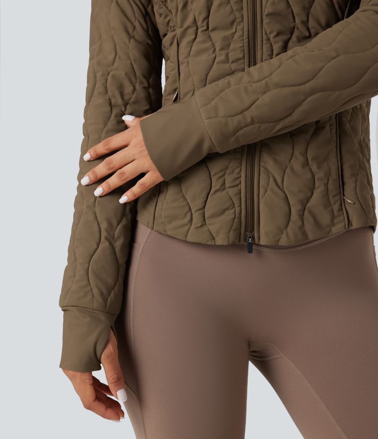 High-neck Thumb Holes Stretchy Workout Padded Jacket with Pockets-Packable Neck Pillow