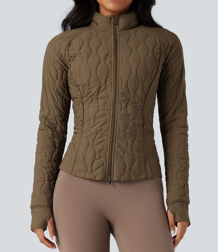 High-neck Thumb Holes Stretchy Workout Padded Jacket with Pockets-Packable Neck Pillow