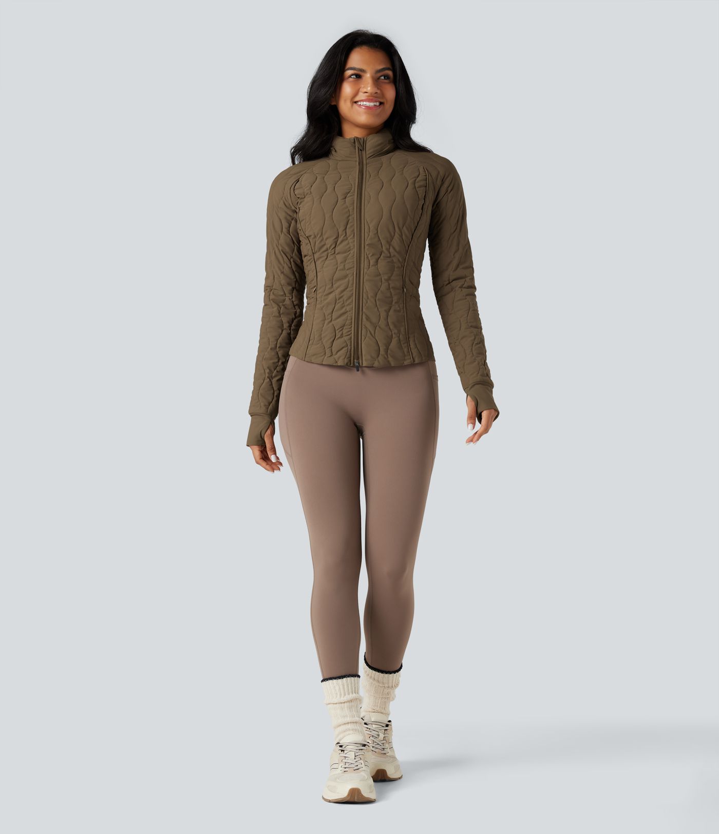 PuffFlex High-neck Thumb Holes Stretchy Workout Padded Jacket with Pockets-Packable Neck Pillow