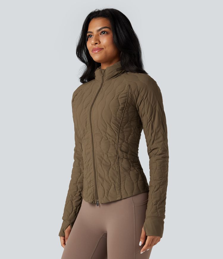 High-neck Thumb Holes Stretchy Workout Padded Jacket with Pockets-Packable Neck Pillow