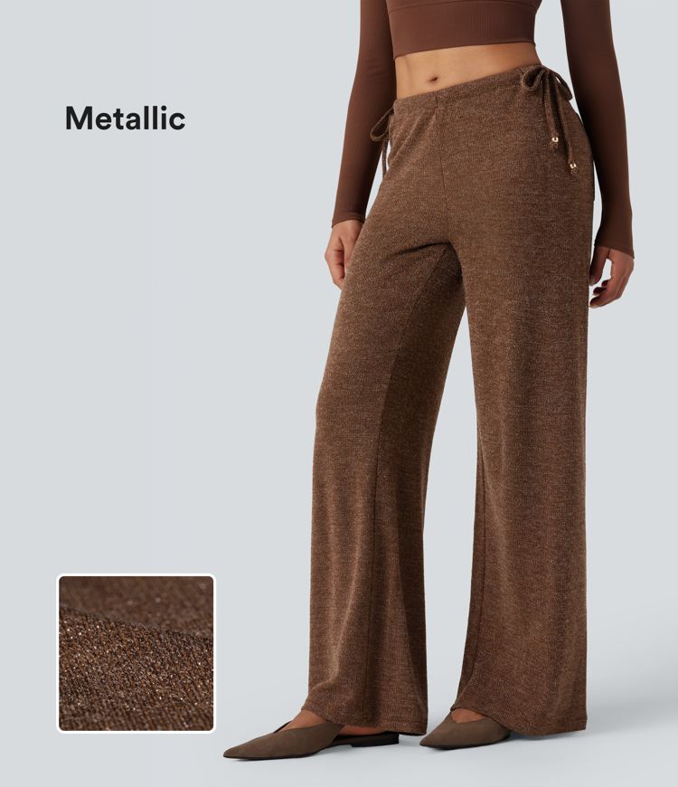 Ribbed Knit Metallic Mid Rise Drawstring Wide Leg Casual Pants with Pockets