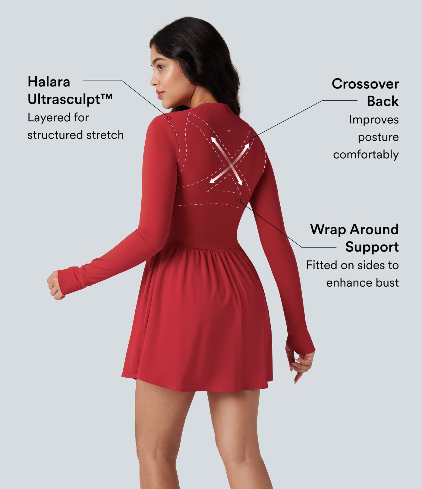 Halara UltraSculpt™ Push-Up Long Sleeve Thumb Hole 2-in-1 Mini Tennis Active Dress with Pocket