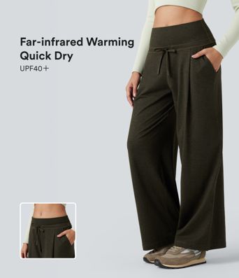 Foldover High Waisted Draswtring Quick Dry Heathered Casual Wide-leg Pants with Pockets