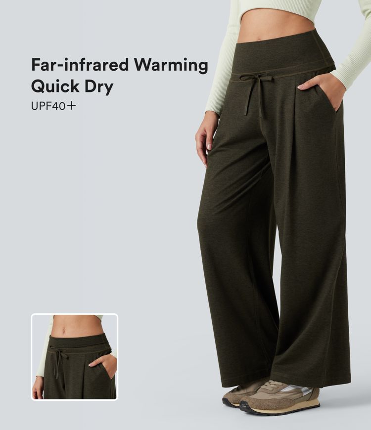 Foldover High Waisted Draswtring Quick Dry Heathered Casual Wide-leg Pants with Pockets