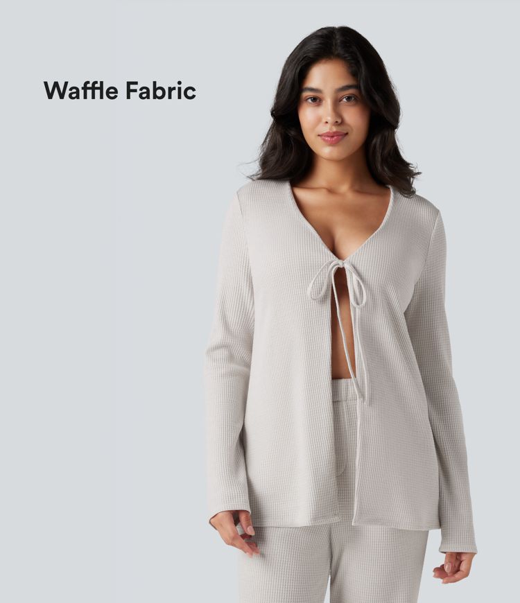 Deep V-neck Long Sleeve Relaxed Fit Waffle Lounge Top