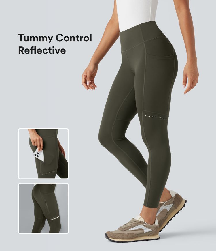 High Waisted Tummy Control Reflective Hiking Leggings with Pockets