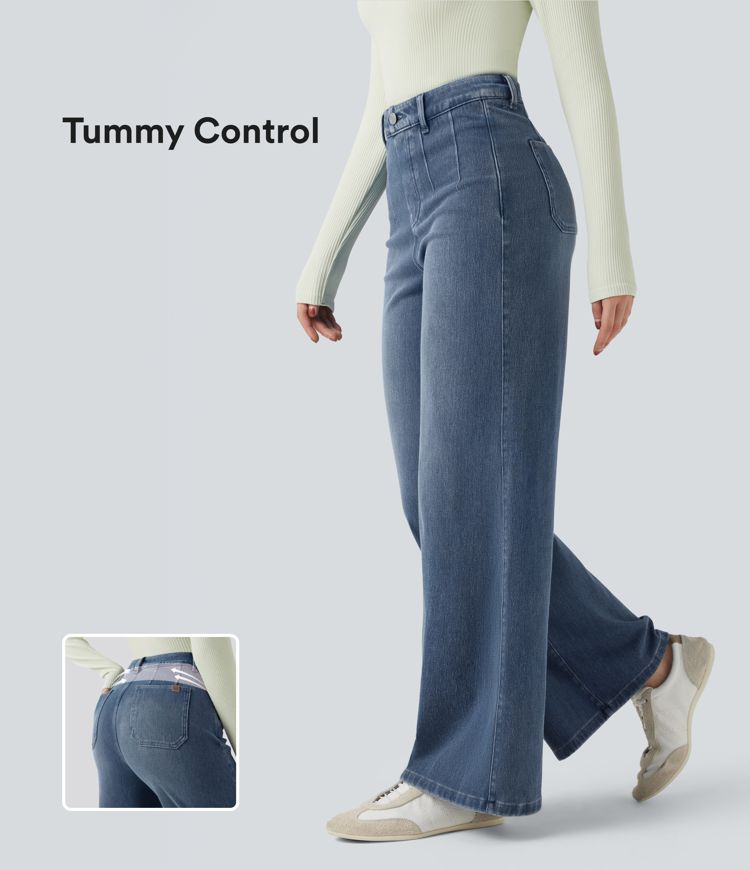 Halara Flex™ Mid Rise Tummy Control Wide Leg Casual Jeans with Pockets