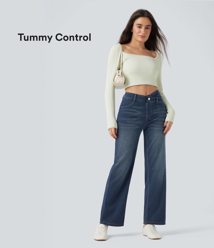 Halara Flex™ Mid Rise Crossover Tummy Control Straight Leg Casual Jeans with Pockets