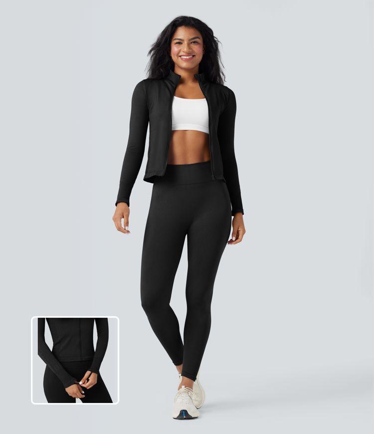 OneForm - Yoga jacket with stand-up collar, long sleeves, thumbholes, and seamless flow