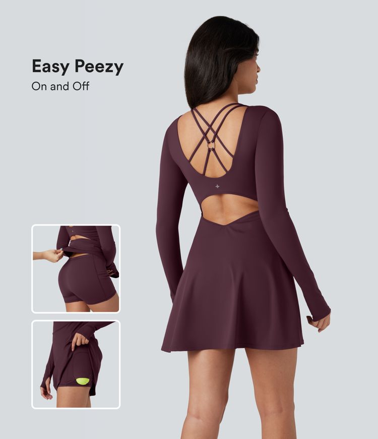 Robe de tennis active courte SoftlyZero™ QuickDry 2-en-1 dos croisé manches longues avec trous pouces et poches - Easy Peasy