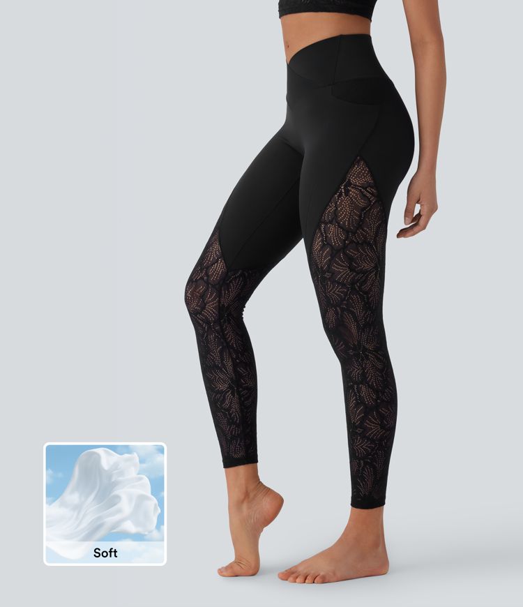 SoftlyZero™ High Waisted Crossover Pocket Contrast Lace 7/8 Yoga Leggings-UPF50+