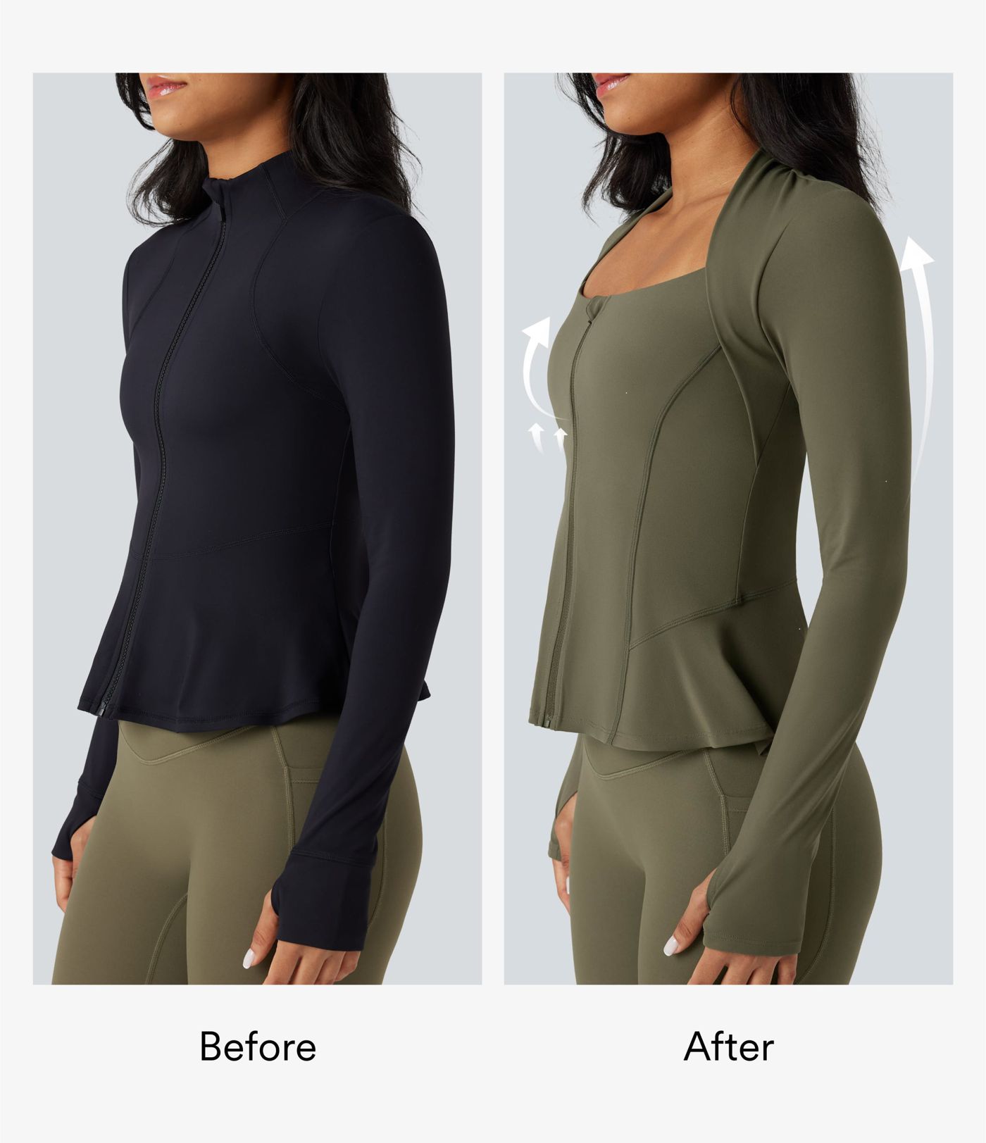 Halara UltraSculpt™ Push-Up Langarm-Yogajacke mit Daumenloch, Reißverschluss und Rüschen-Saum