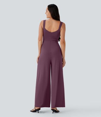U Back Sleeveless Casual Jumpsuit with Pockets