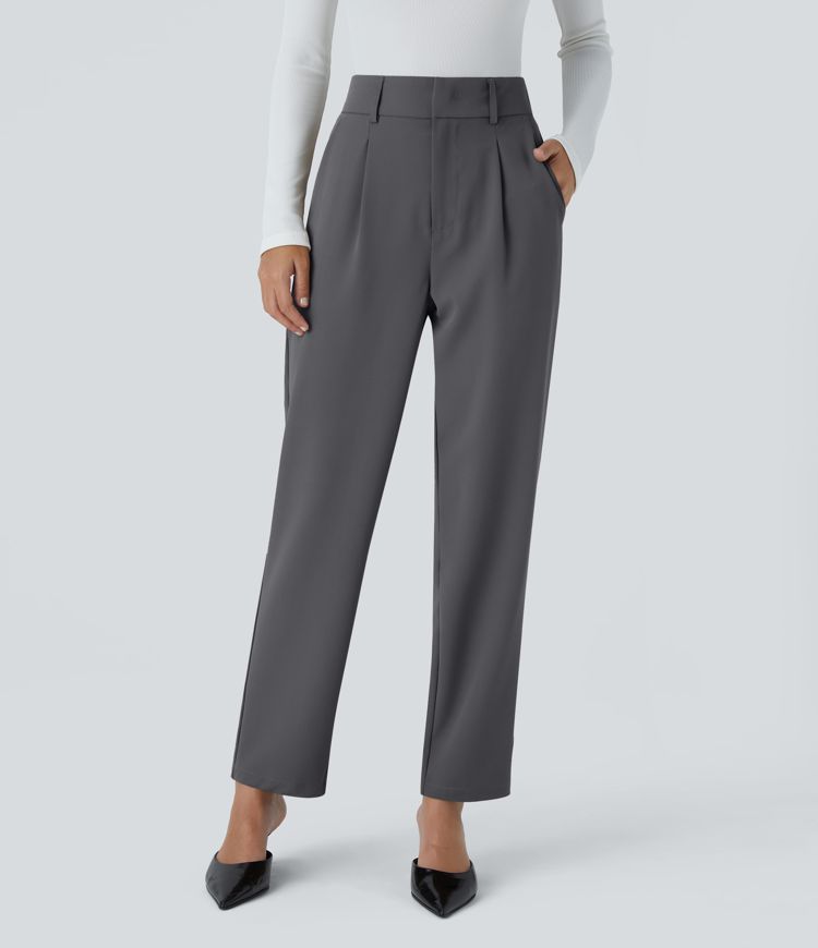 Pantalon Tailleur Fuselé Uni Poche Latérale Taille Haute