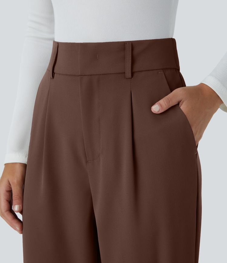 High Waisted Pocket Solid Work Tapered Pants
