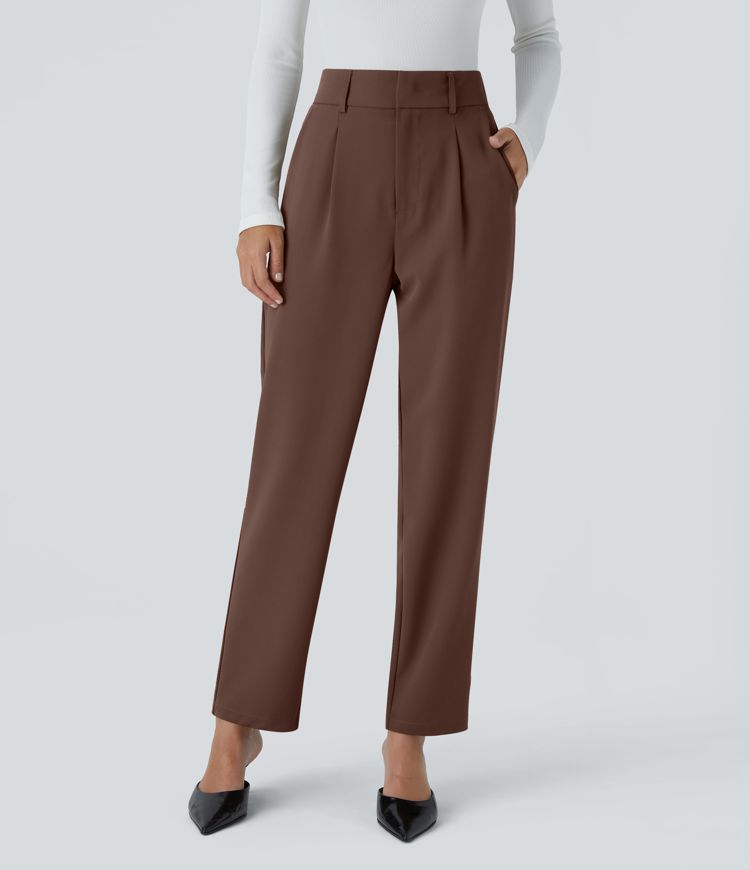Pantalon Tailleur Fuselé Uni Poche Latérale Taille Haute