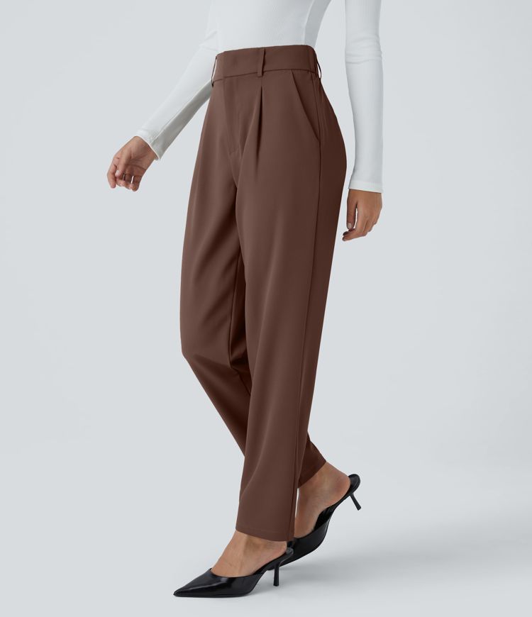 High Waisted Pocket Solid Work Tapered Pants