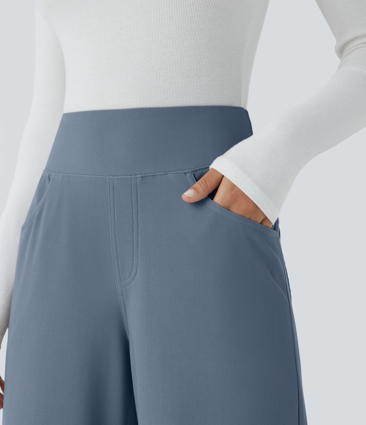 Pantalon tailleur large gainant taille haute en micro-gaufré avec poches Halara Flex™