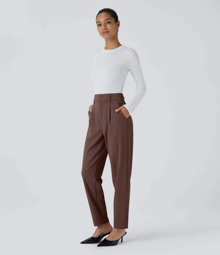 High Waisted Pocket Solid Work Tapered Pants