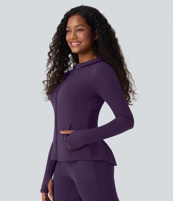 SoftlyZero™ Hooded Long Sleeve Thumb Hole Pleated Jacket with Pockets-UPF50+