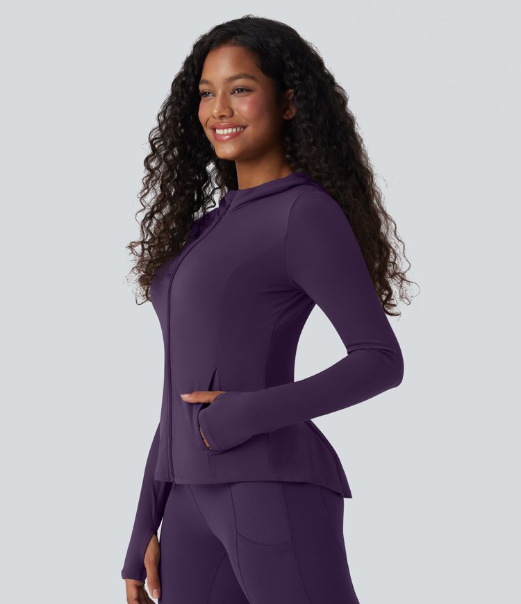 SoftlyZero™ Hooded Long Sleeve Thumb Hole Pleated Jacket with Pockets-UPF50+