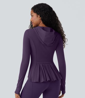 SoftlyZero™ Hooded Long Sleeve Thumb Hole Pleated Jacket with Pockets-UPF50+