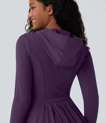 SoftlyZero™ Hooded Long Sleeve Thumb Hole Pleated Jacket with Pockets-UPF50+