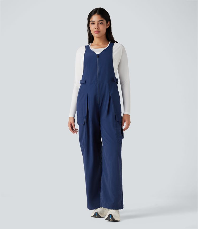 V-neck Adjustable Waist Hiking Cargo Dungarees with Pockets