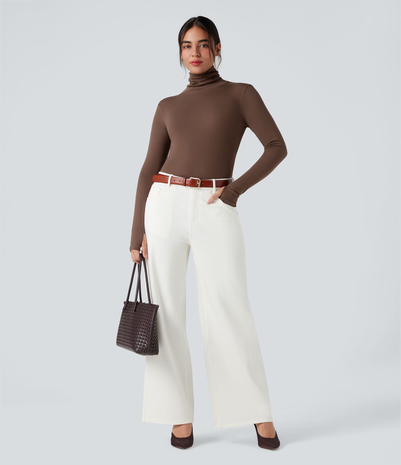 Mock-neck Long Sleeve Thumb Holes Slim Fit Casual Wool-Blend Tops