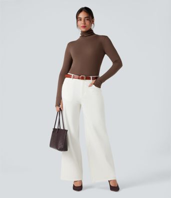 Mock-neck Long Sleeve Thumb Holes Slim Fit Casual Wool-Blend Tops