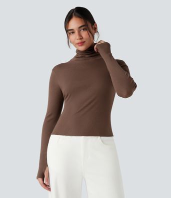 Mock-neck Long Sleeve Thumb Holes Slim Fit Casual Wool-Blend Tops