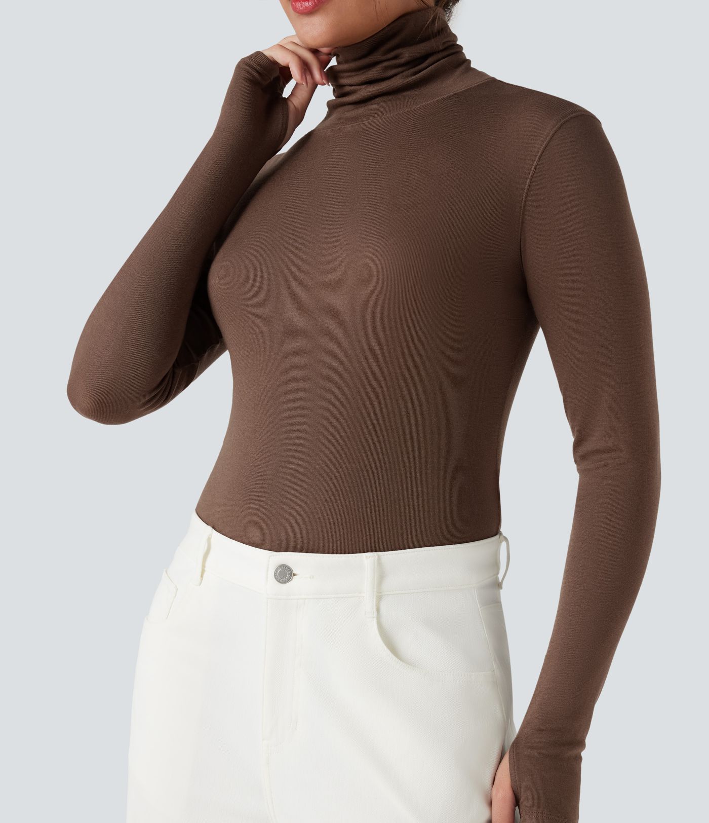 Mock-neck Long Sleeve Thumb Holes Slim Fit Casual Wool-Blend Tops