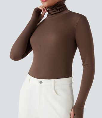 Mock-neck Long Sleeve Thumb Holes Slim Fit Casual Wool-Blend Tops