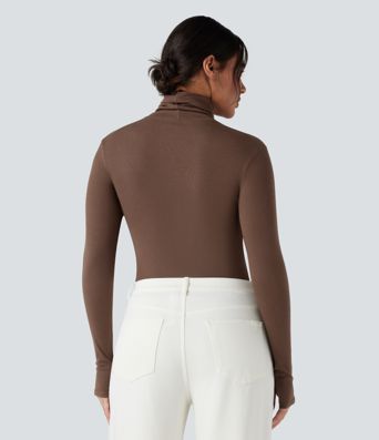 Mock-neck Long Sleeve Thumb Holes Slim Fit Casual Wool-Blend Tops