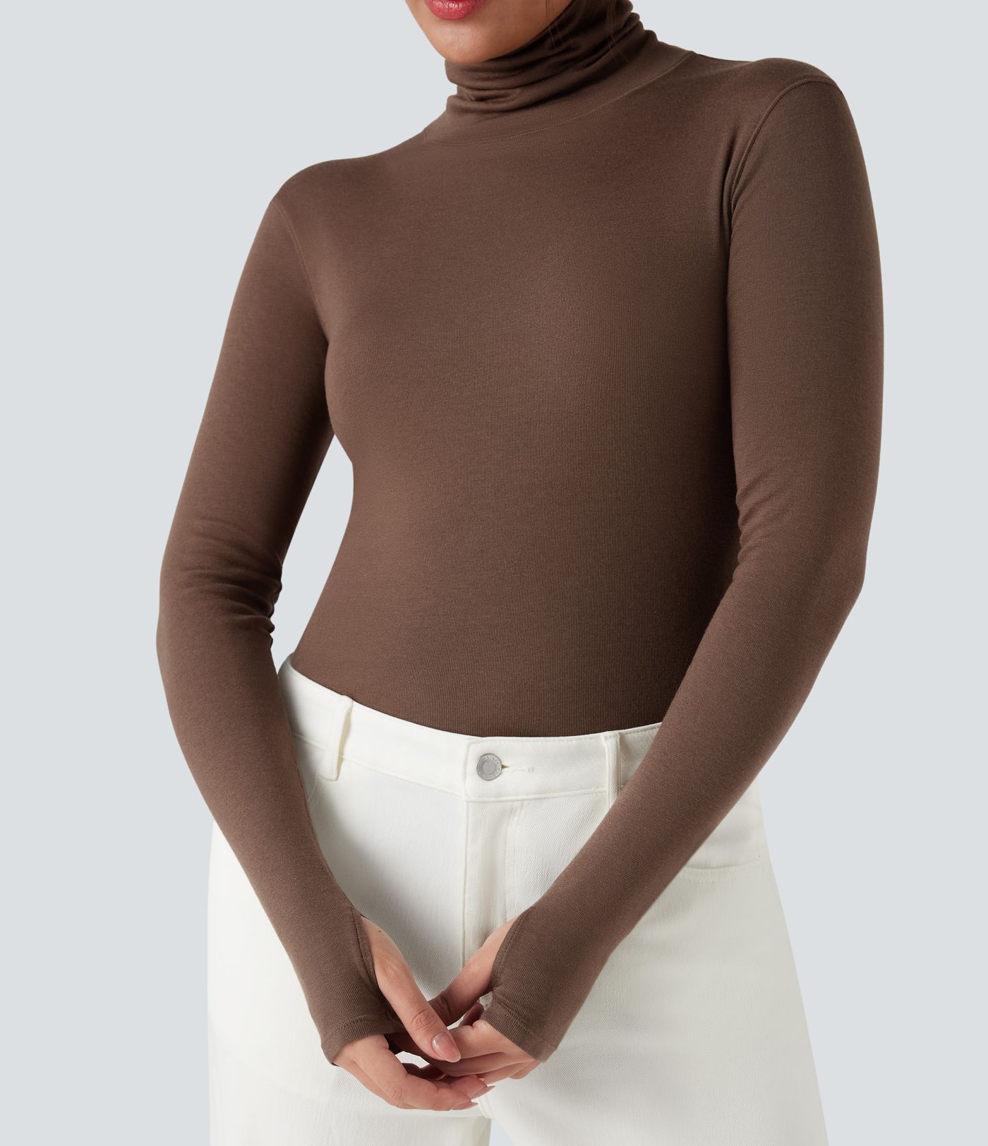 Mock-neck Long Sleeve Thumb Holes Slim Fit Casual Wool-Blend Tops