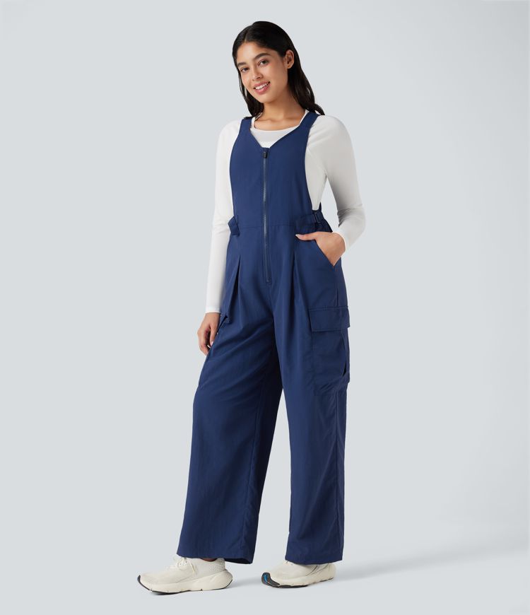 V-neck Adjustable Waist Hiking Cargo Overalls with Pockets