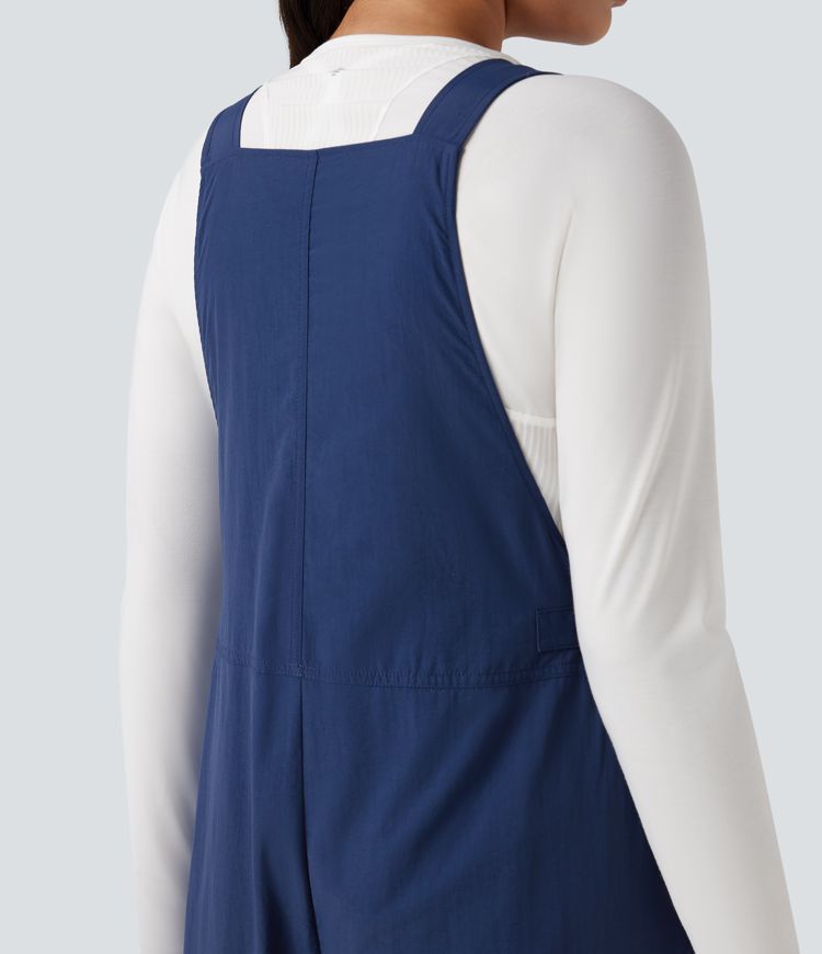 V-neck Adjustable Waist Hiking Cargo Dungarees with Pockets