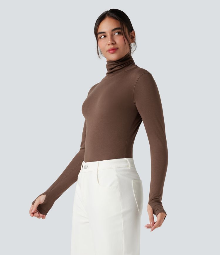 Mock-neck Long Sleeve Thumb Holes Slim Fit Casual Wool-Blend Tops