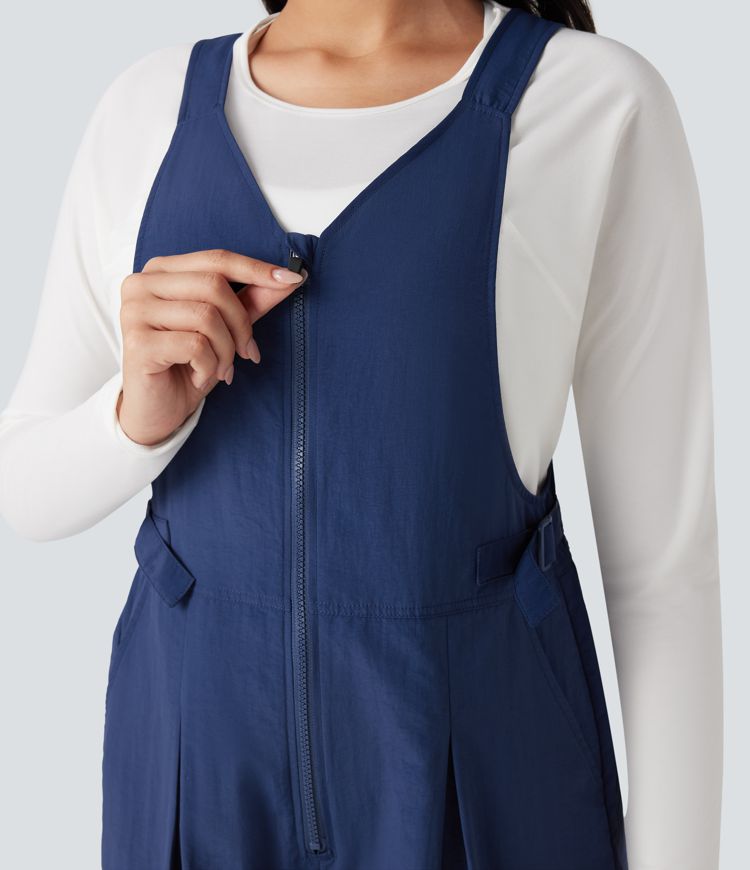 V-neck Adjustable Waist Hiking Cargo Dungarees with Pockets