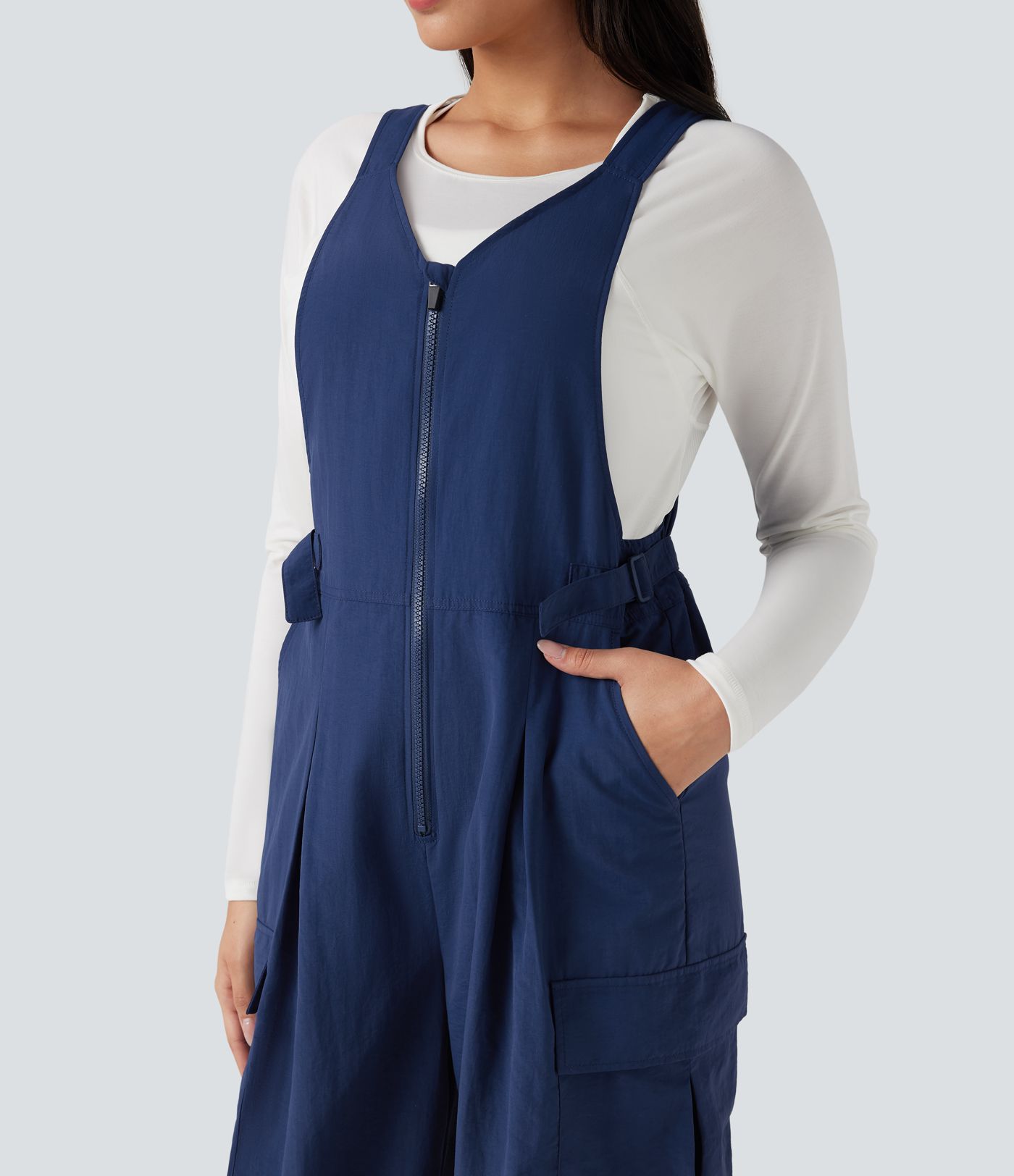 V-neck Adjustable Waist Hiking Cargo Dungarees with Pockets