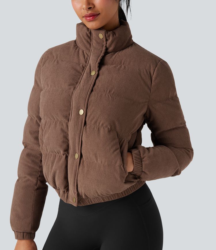 Stand Collar Corduroy Casual Padded Jacket with Pockets