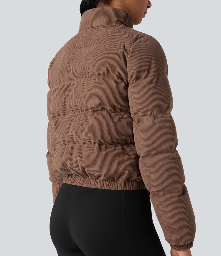 Stand Collar Corduroy Casual Padded Jacket with Pockets