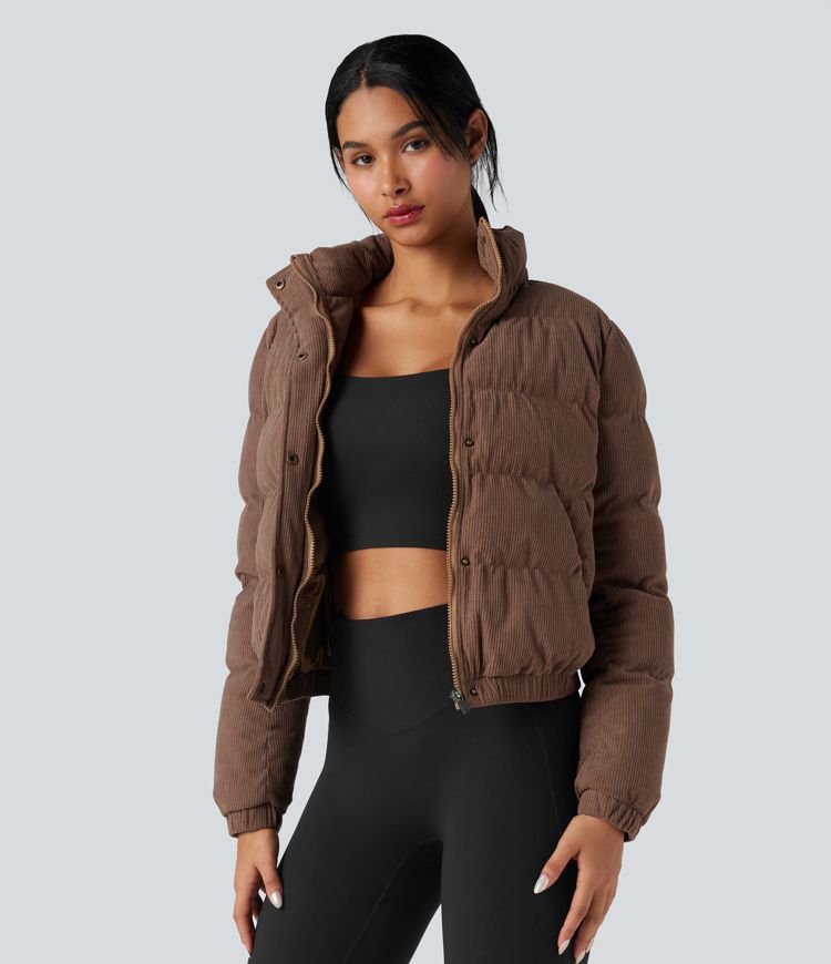 Stand Collar Corduroy Casual Padded Jacket with Pockets