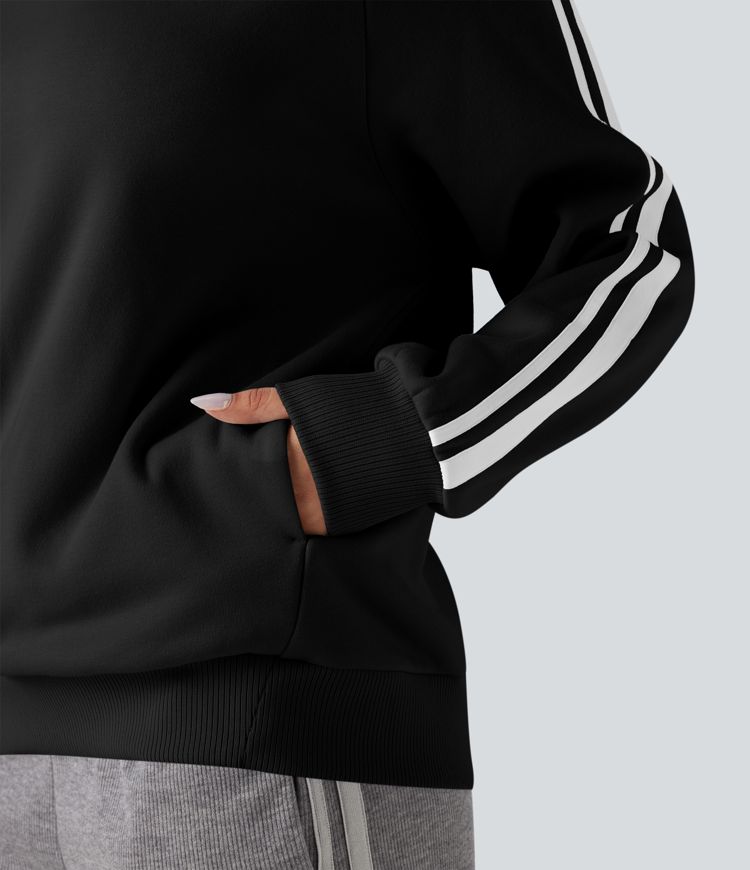 Round Neck Long Sleeve Color Block Fleece Casual Sweatshirt with Pockets