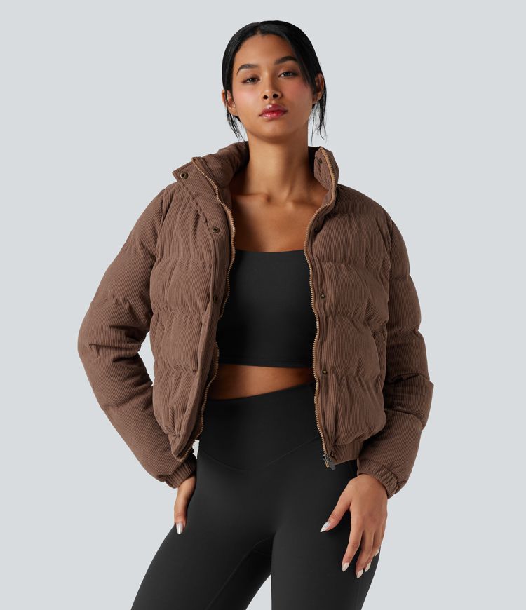 Stand Collar Corduroy Casual Padded Jacket with Pockets