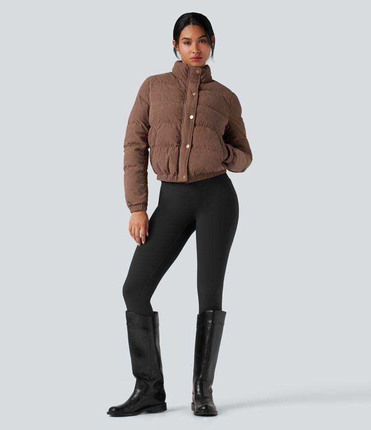 Stand Collar Corduroy Casual Padded Jacket with Pockets