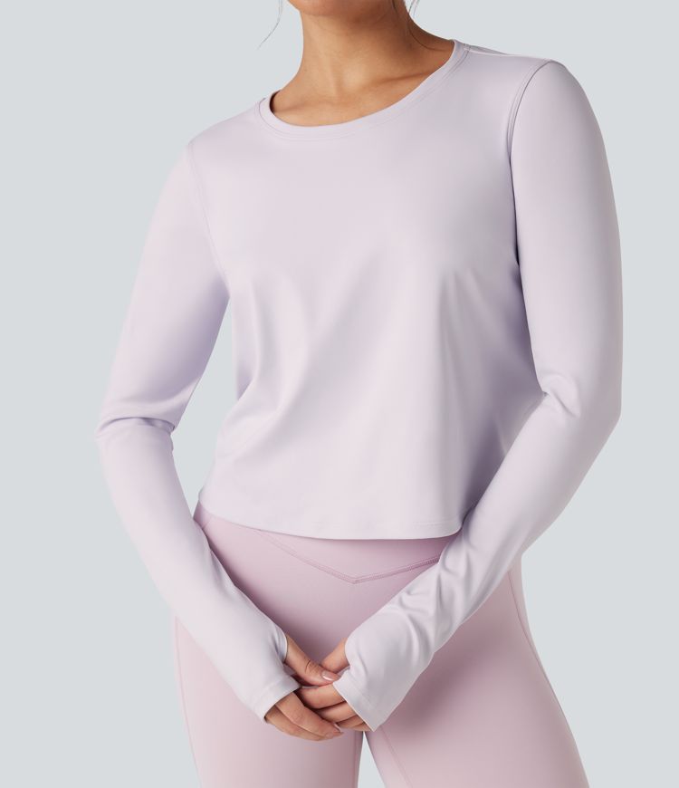 Yoga-Sport-Top mit Rundhalsausschnitt, langen Ärmeln, Daumenlöchern, Cut-Out-Design und kontrastierendem Netzstoff zum hinten binden